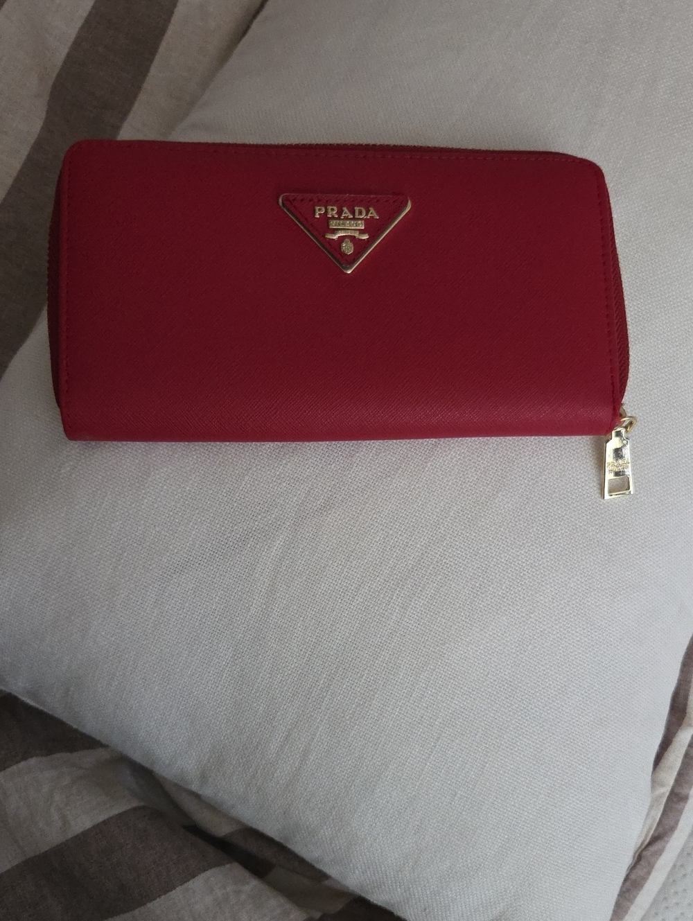 Prada Red Saffiano Zip Wallet with Gold Logo